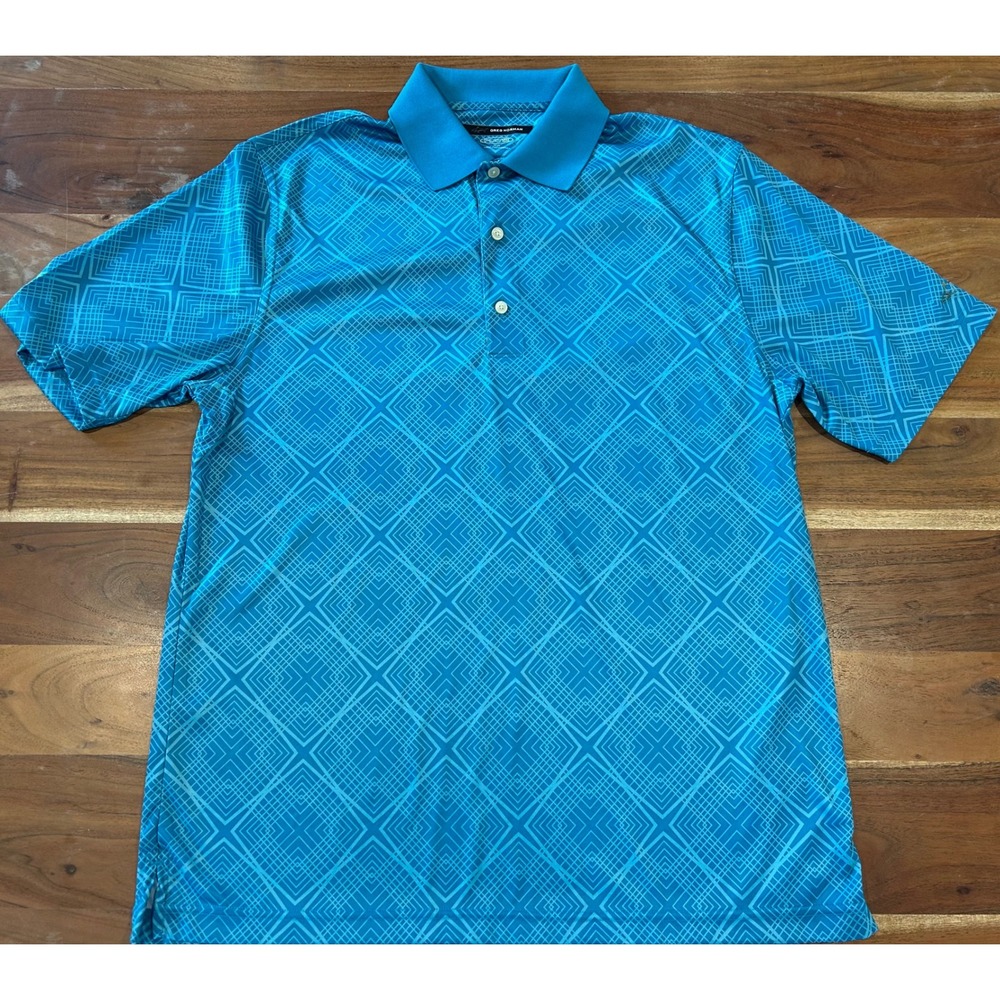 Greg Norman Play Dry Mens Blue Geometric Diamond Golf Polo Shirt Medium M